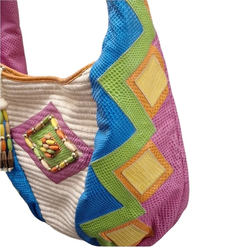 Sharif vintage pink green yellow orange cream leather woven western hobo bag - Picture 9 of 16